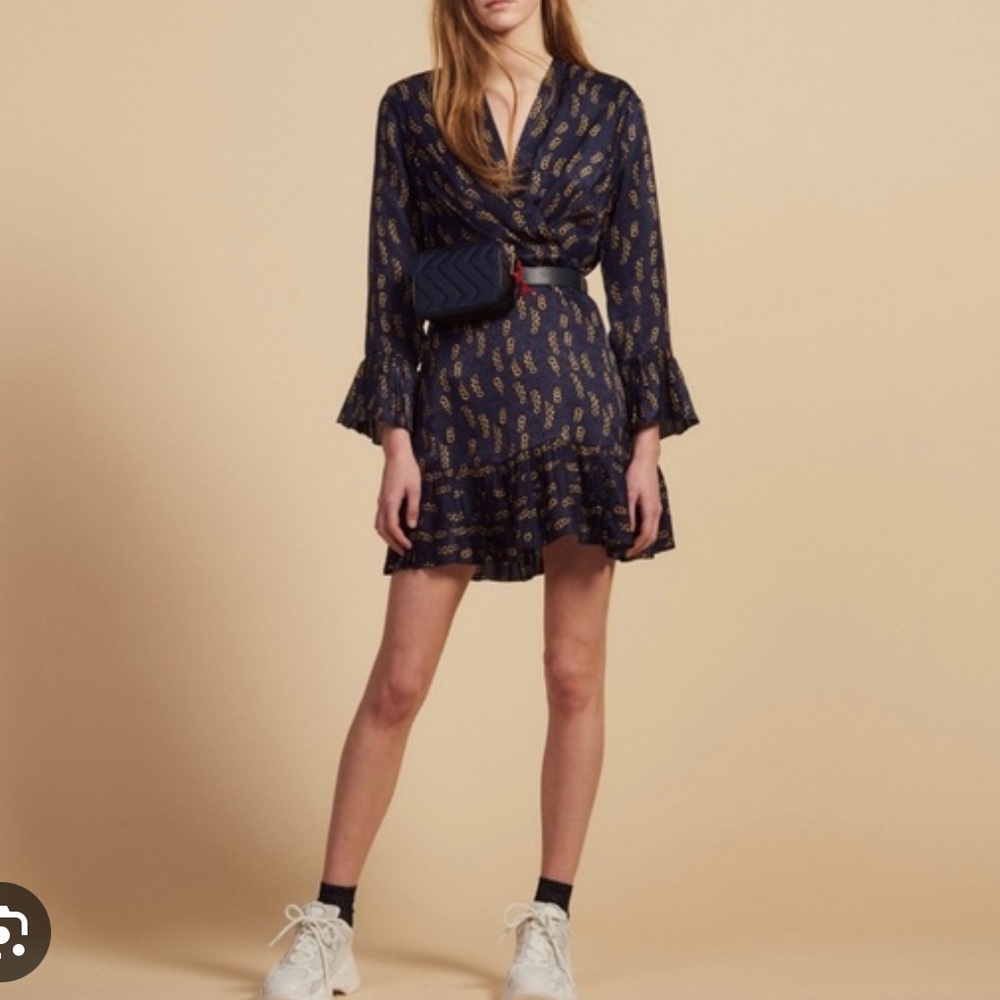 (NWOT) Sandro Milly wrap-effect pleated printed jacquard mini dress